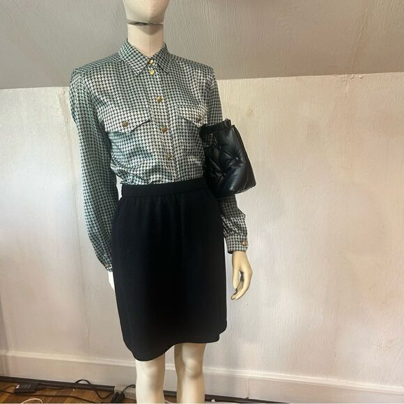 Basler Vintage Light Blue Houndstooth Satin Pajama Style Blouse Button Down Top - Picture 2 of 11